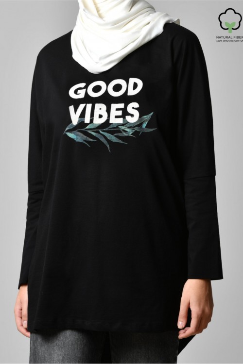 GOOD VIBES BLACK-Tshirt Pansy-Printed Cotton