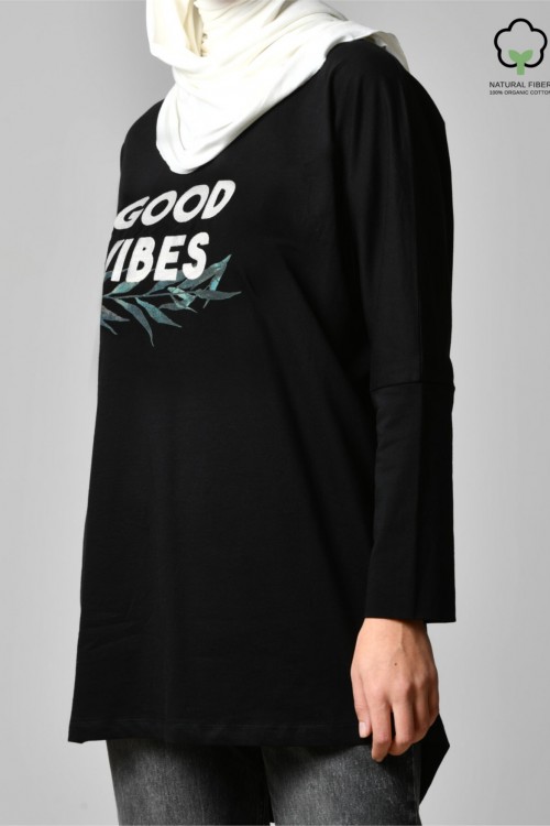 GOOD VIBES BLACK-Tshirt Pansy-Printed Cotton