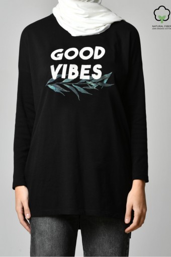 GOOD VIBES BLACK-Tshirt Tulip-Printed Cotton