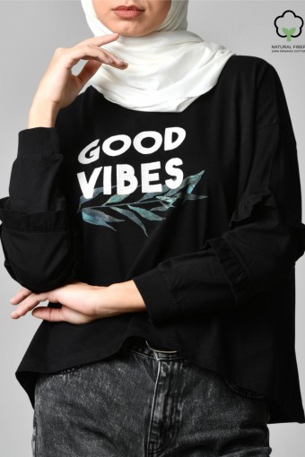 GOOD VIBES BLACK-Tshirt Peony-Printed Cotton