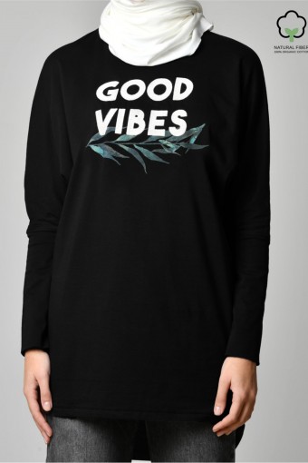 GOOD VIBES BLACK-Tshirt Pansy Long-Printed Cotton