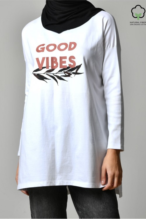 GOOD VIBES WHITE-Tshirt Tulip-Printed Cotton