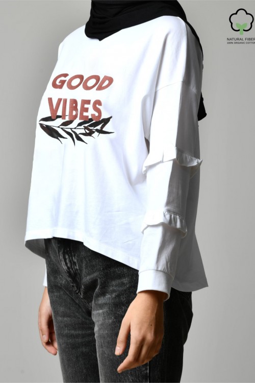 GOOD VIBES WHITE-Tshirt Peony-Printed Cotton