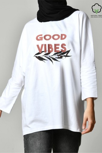 GOOD VIBES White-Tshirt Pansy Long-Printed Cotton