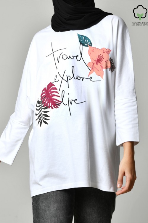 TRAVEL EXPLORE LIVE WHITE-Tshirt Pansy-Printed Cotton