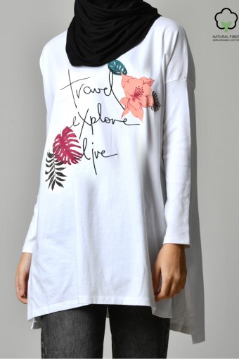 TRAVEL EXPLORE LIVE WHITE-Tshirt Tulip-Printed Cotton