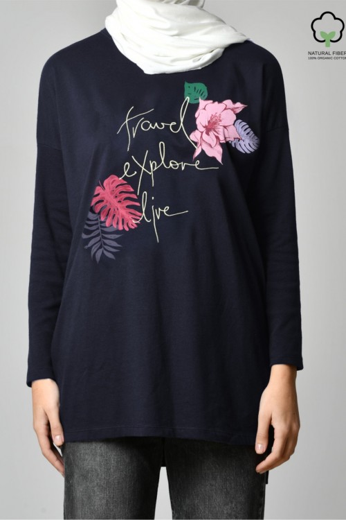 TRAVEL EXPLORE LIVE NAVY-Tshirt TULIP-Printed Cotton