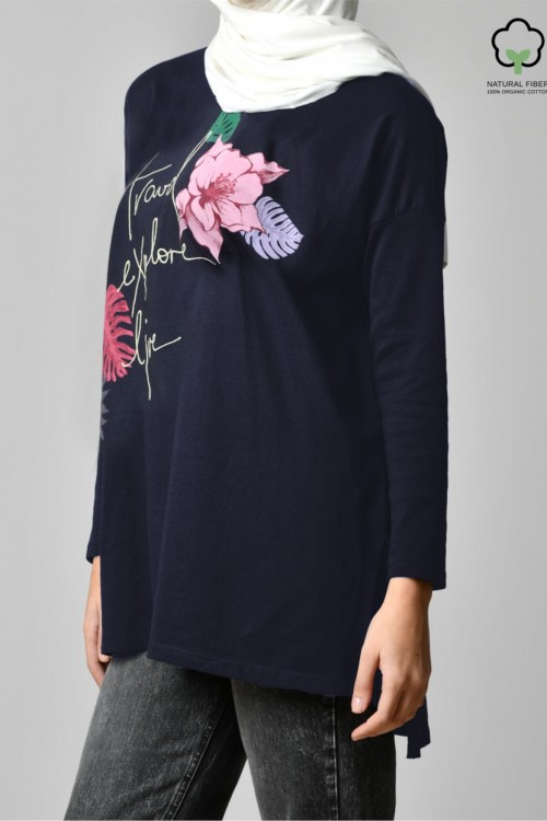 TRAVEL EXPLORE LIVE NAVY-Tshirt TULIP-Printed Cotton