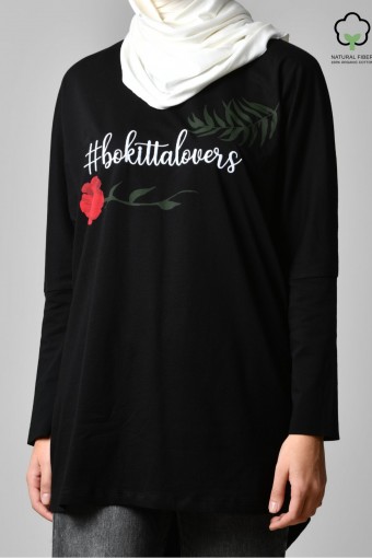 BOKITTA LOVERS BLACK-TSHIRT PANSY-PRINTED COTTON