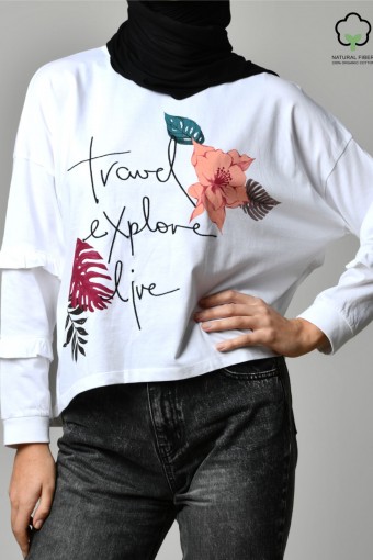 TRAVEL EXPLORE LIVE WHITE-Tshirt Peony-Printed Cotton