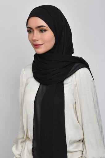 Black - Plain With Crystals Crinkled Chiffon (NEW STYLE)