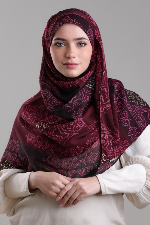 Bibi Khanym Maroon-Printed Plus Crinkled Chiffon With Foil