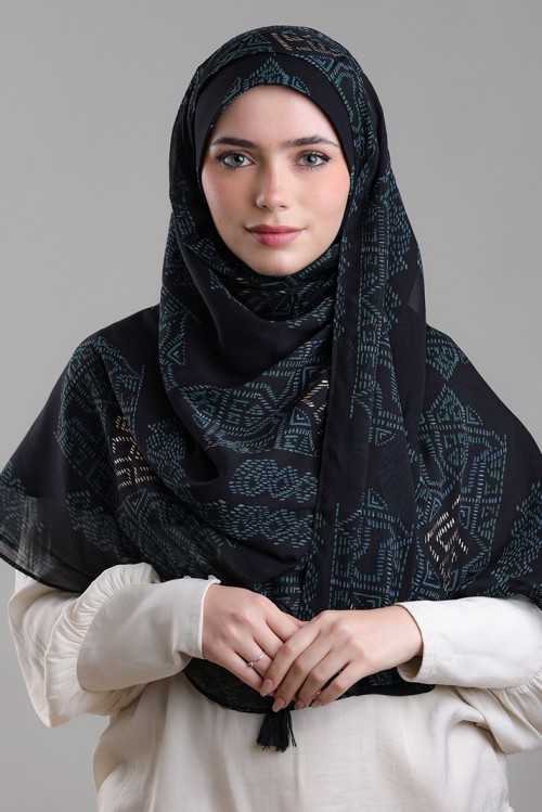 Bibi Khanym Black-Printed Plus Crinkled Chiffon with Foil