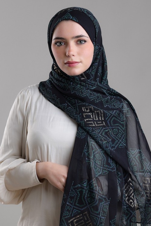 Bibi Khanym Black-Printed Plus Crinkled Chiffon with Foil