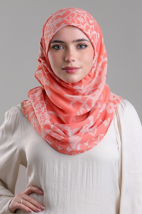 Putra Coral-Printed Plus Crinkled Chiffon