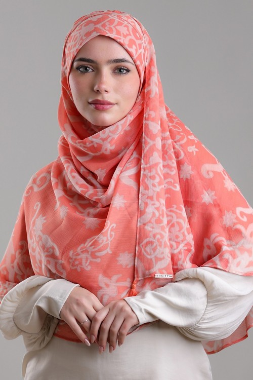 Putra Coral-Printed Plus Crinkled Chiffon