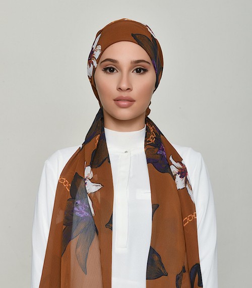 Lilies Caramel-Printed Crinkled Chiffon