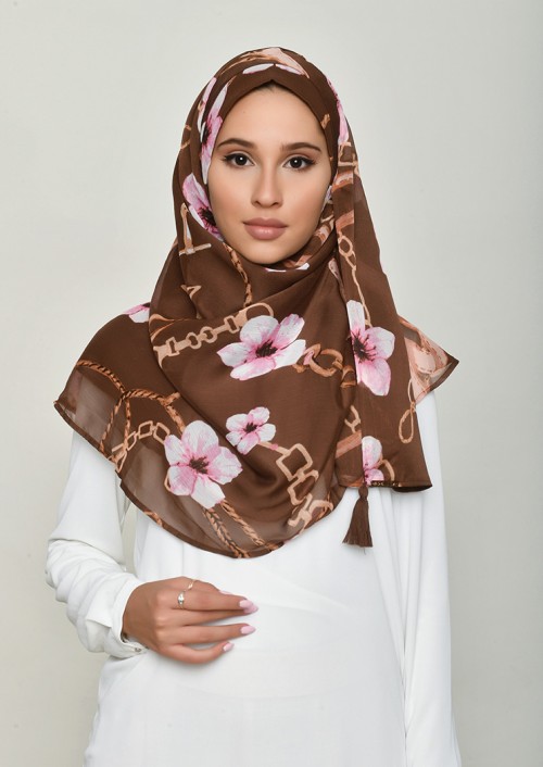 Blossom Brown-Printed Crinkled Chiffon