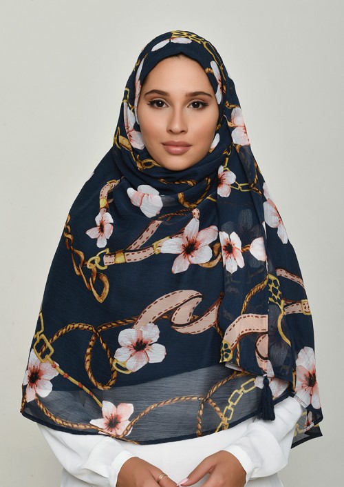 Blossom Navy-Printed Crinkled Chiffon