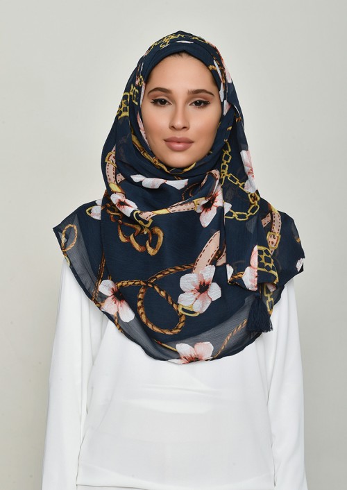 Blossom Navy-Printed Crinkled Chiffon