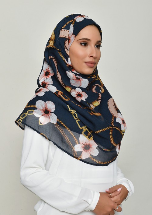 Blossom Navy-Printed Crinkled Chiffon