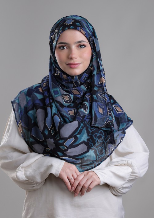 Hassan II Azure-Printed Plus Crinkled Chiffon With Foil