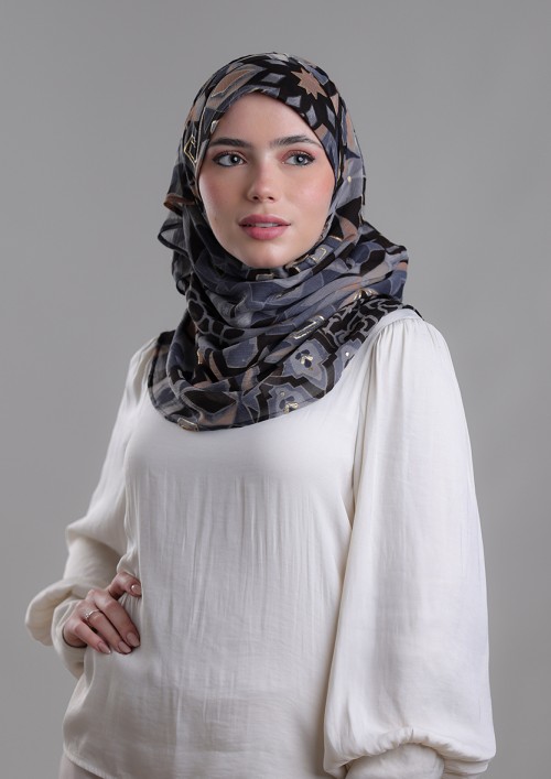 Hassan II Black-Printed Plus Crinkled Chiffon With Foil