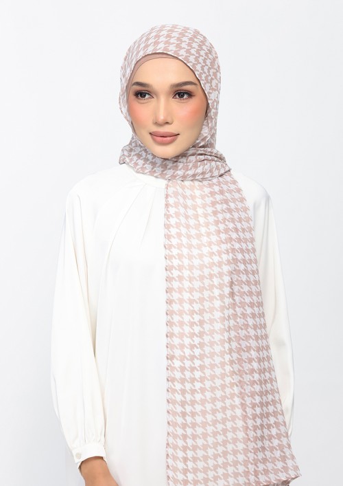 Houndstooth Beige-Printed Plus Crinkled Chiffon