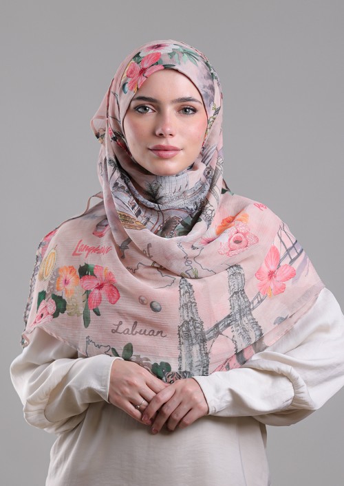 Kuala Lumpur Beige-Printed Crinkled Chiffon