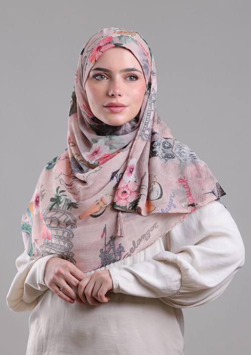 Kuala Lumpur Beige-Printed Crinkled Chiffon