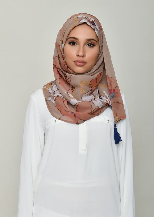 Lilies Beige-Printed Crinkled Chiffon