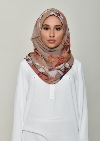 Lilies Beige-Printed Crinkled Chiffon