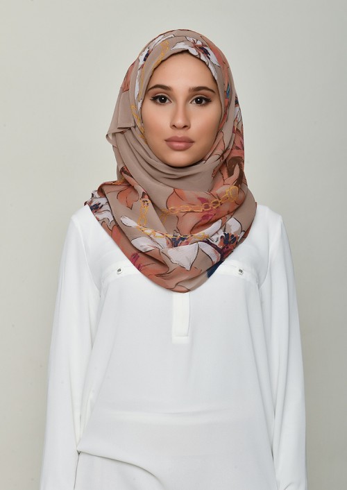 Lilies Beige-Printed Crinkled Chiffon