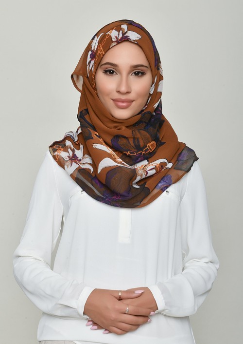 Lilies Caramel-Printed Crinkled Chiffon