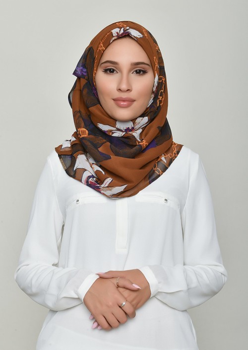 Lilies Caramel-Printed Crinkled Chiffon