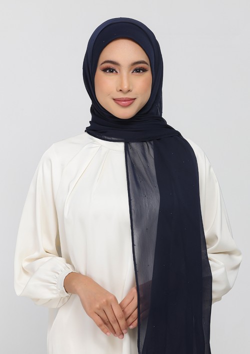 Midnight navy - Plain With Crystals Crinkled Chiffon