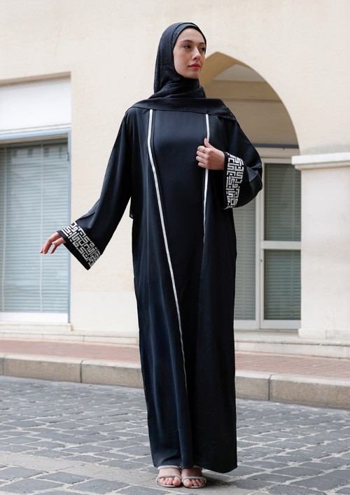 Black Monogram-Abaya Dress Flowy Set (Premium Plain Flowy Fabric)
