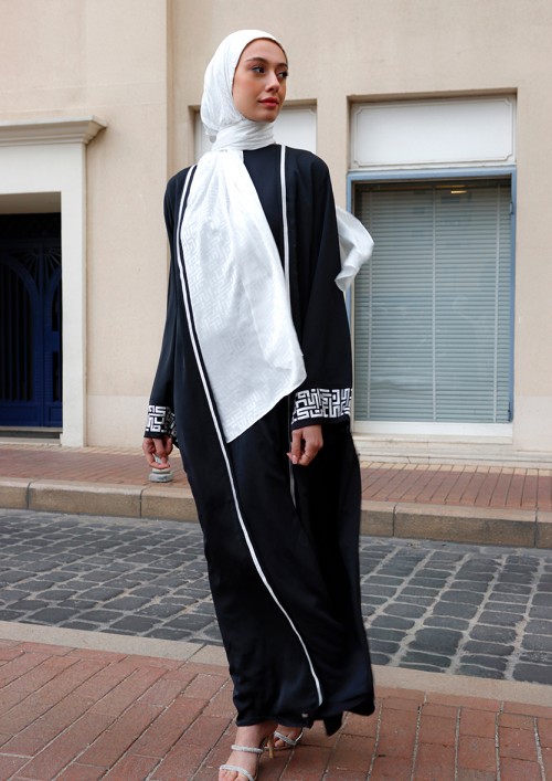 Black Monogram-Abaya Dress Flowy Set (Premium Plain Flowy Fabric)