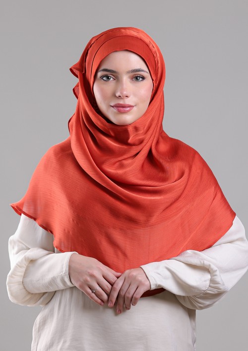 Terracotta-Plain Crinkled Satin Chiffon