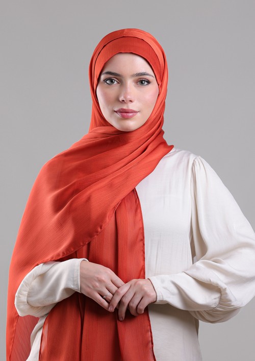 Terracotta-Plain Crinkled Satin Chiffon
