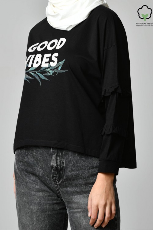 GOOD VIBES BLACK-Tshirt Peony-Printed Cotton