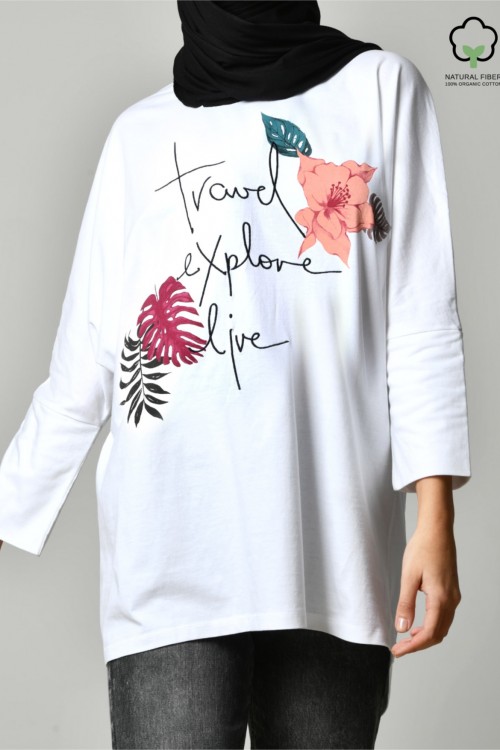 TRAVEL EXPLORE LIVE WHITE-Tshirt PansyLong-Printed Cotton