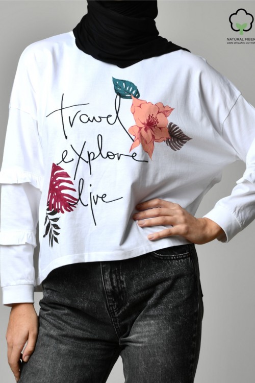 TRAVEL EXPLORE LIVE WHITE-Tshirt Peony-Printed Cotton