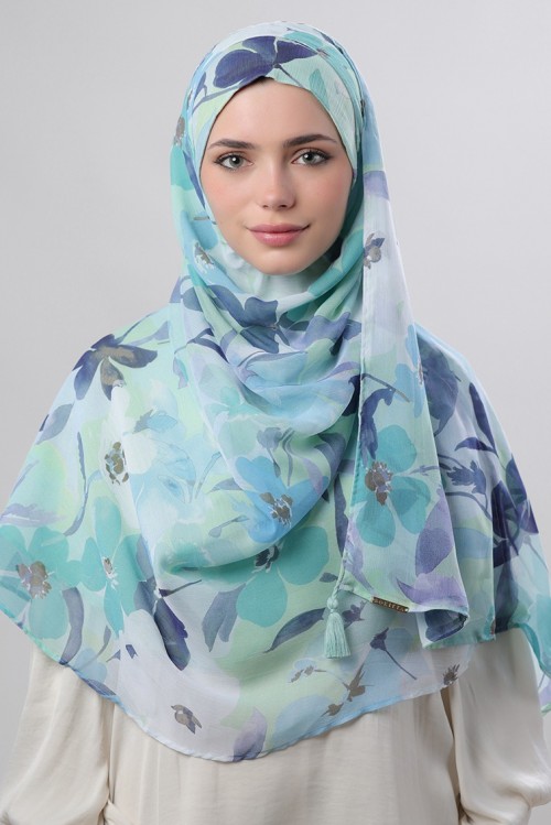 Minty Blooms - Printed Crinkled Chiffon (CLASSIC)