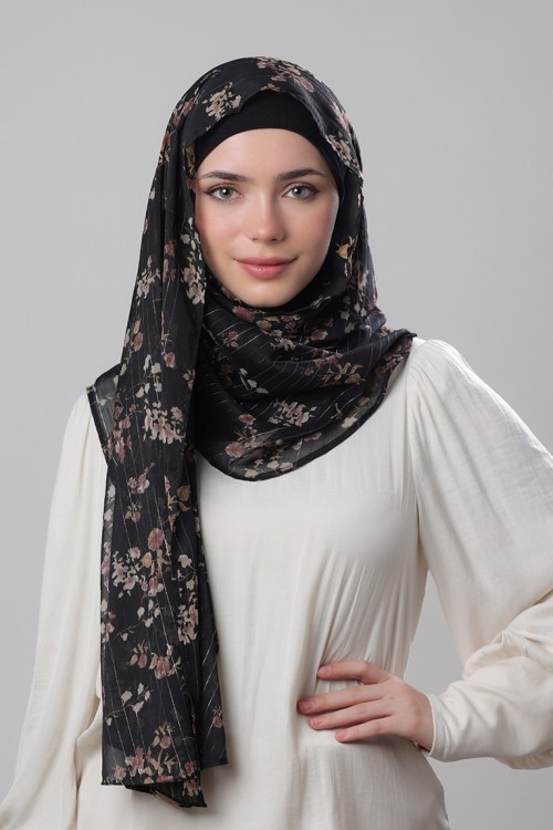 Black Shimmer - Printed Crinkled Chiffon with Lurex (NEW STYLE)