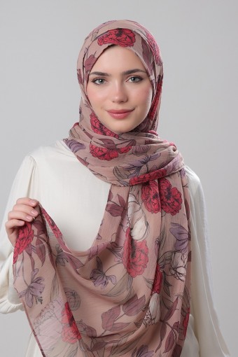 Red Peony - Printed Plus Crinkled Chiffon (NEW STYLE)
