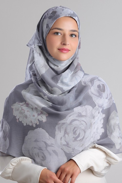 Silver Roses - Printed Plus Crinkled Chiffon (NEW STYLE)
