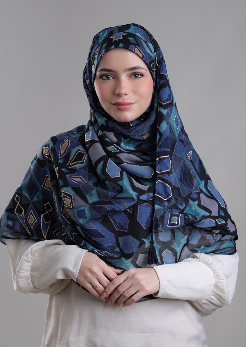 Hassan II Azure-Printed Plus Crinkled Chiffon With Foil