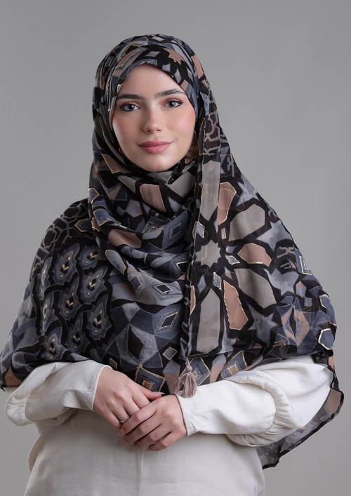 Hassan II Black-Printed Plus Crinkled Chiffon With Foil
